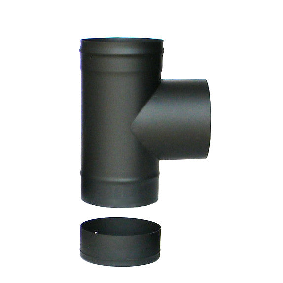 Black Single Wall Stove Pipe Tee Connector and Clean Out Cap